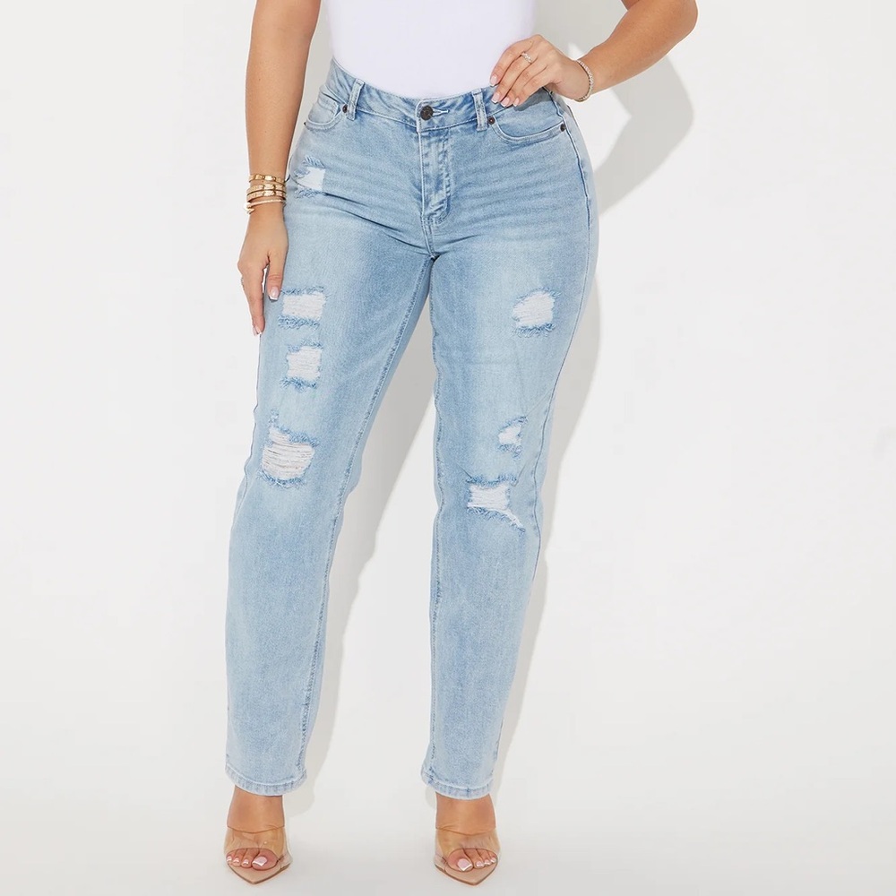 Fashion Nova Jeans, Blue distressed straight leg, sz. 7